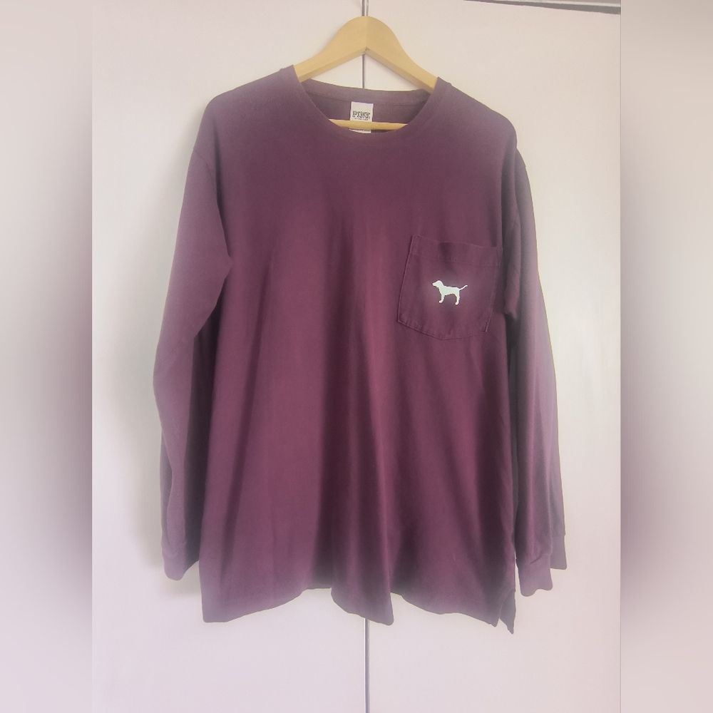 Victoria Secret Spirit Varsity Campus Tee Burgundy Large Long Sleeve